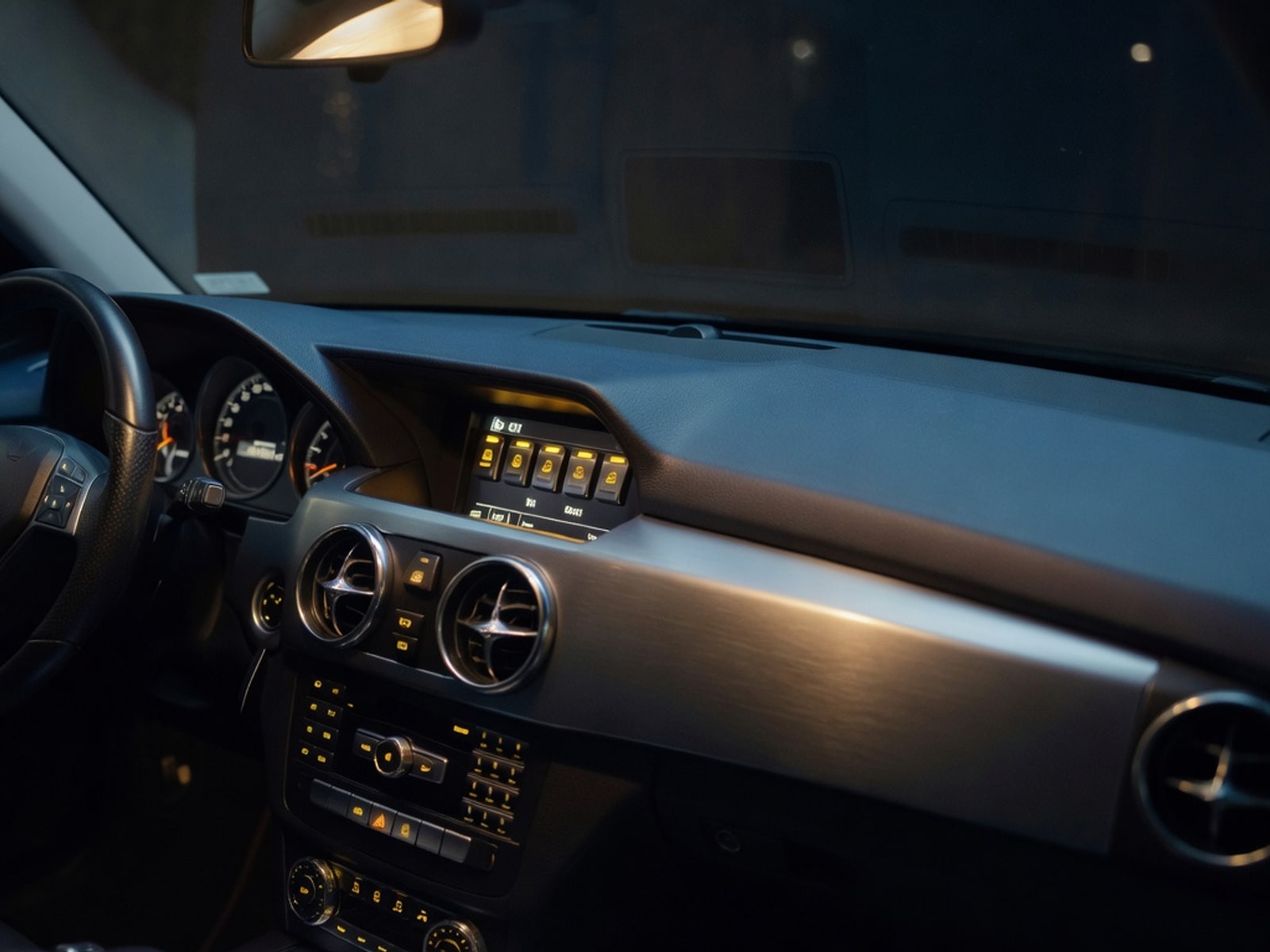 Custom-retrofitted Mercedes GLK dashboard at night with amber-backlit rocker switches and a modern infotainment unit