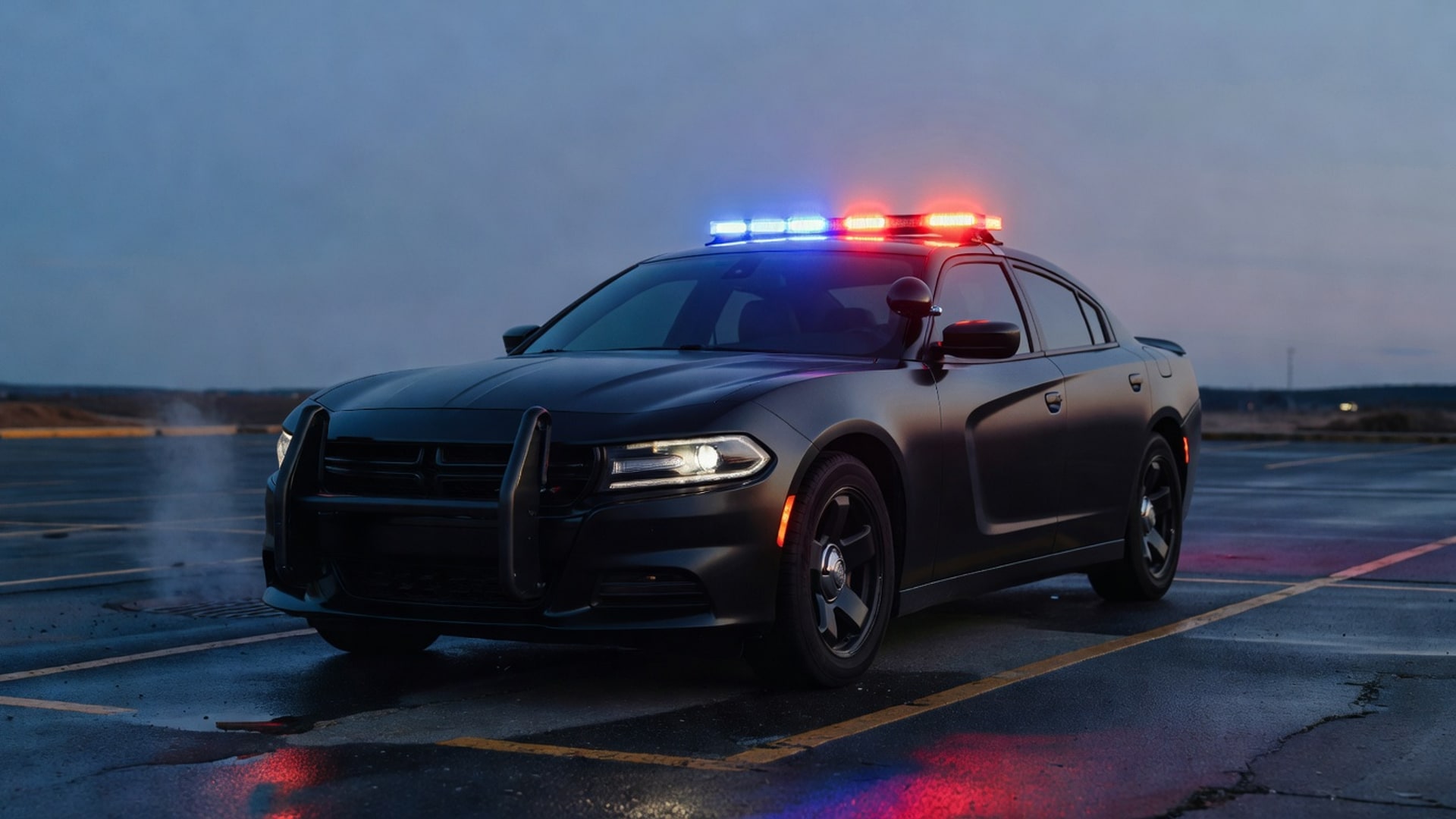 Patrol-spec Charger with full LED lightbar at dusk