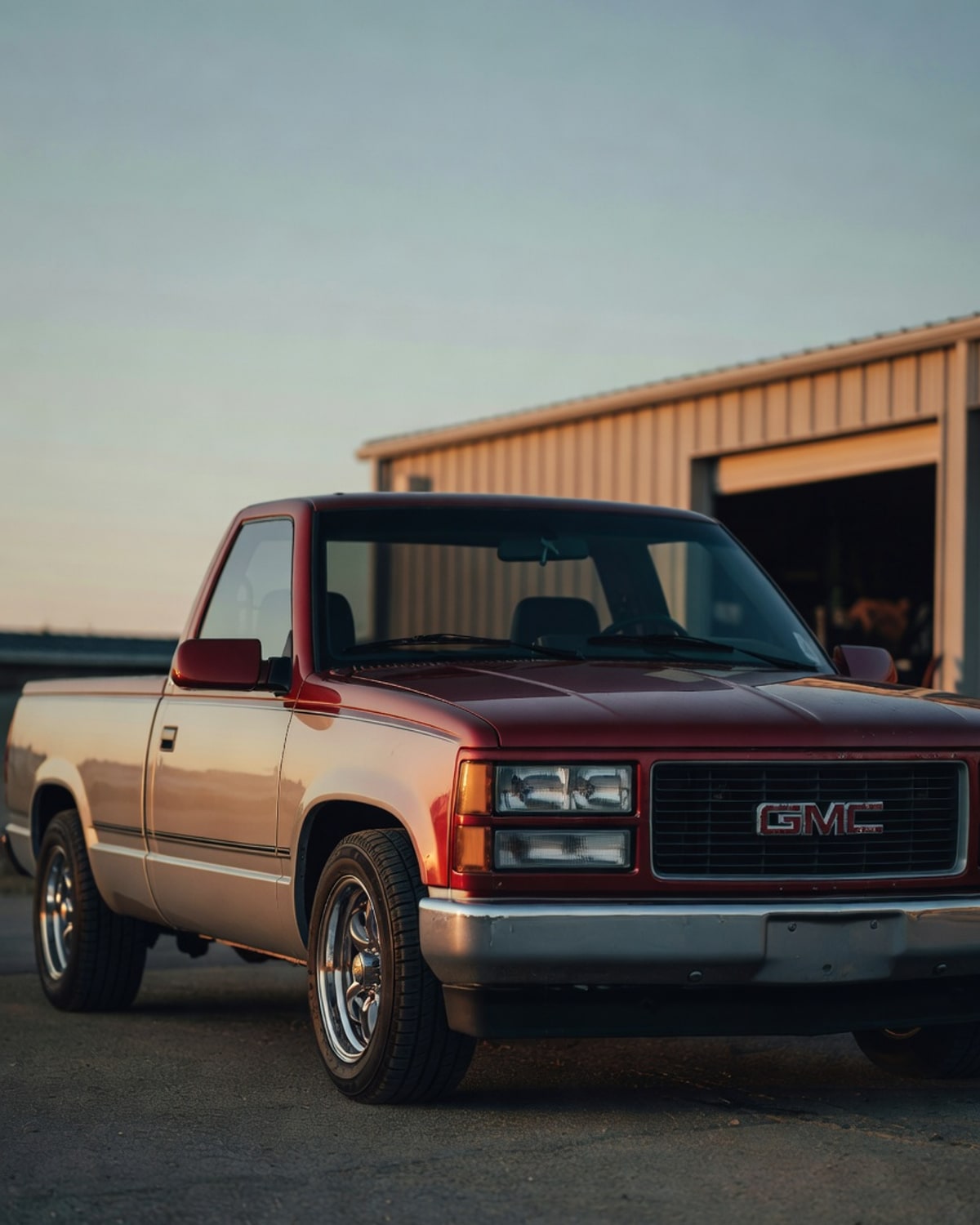 Two-tone burgundy-over-silver lowered late-80s GMC Sierra Classic on staggered chrome wheels in front of the OGJ shop