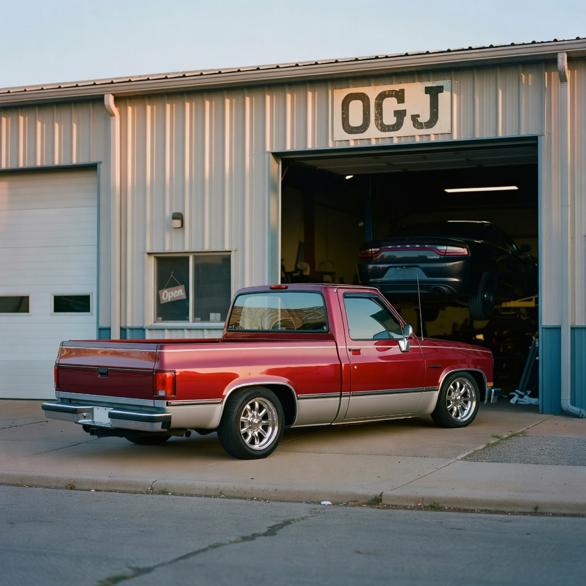 The OGJ Customs shop exterior at golden hour, with a lowered late-80s GMC Sierra Classic parked out front and the bay door open